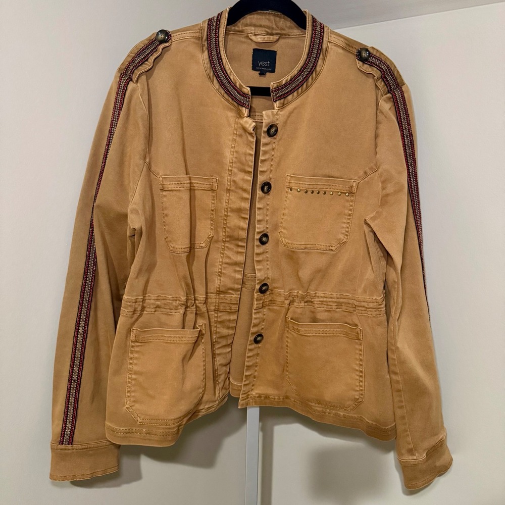 Yest Women's Tan Utility Jacket Embellished Military Style Button‎ Front Size 12